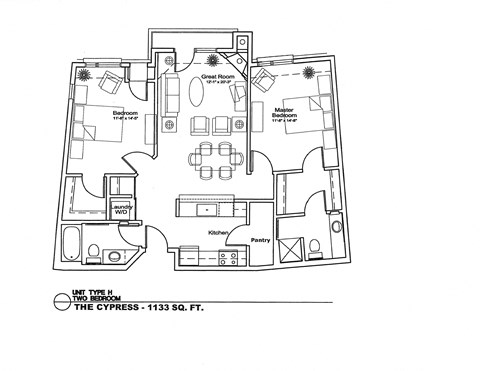 Floor plan for 2 beds, 2 baths, 1107 sqft